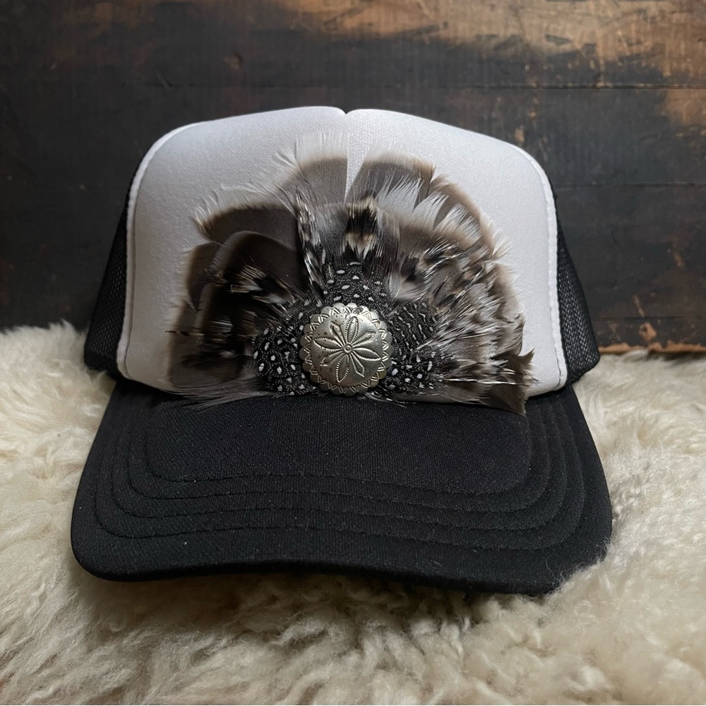 SOLD DM for custom! Black and White Feather Trucker Hat